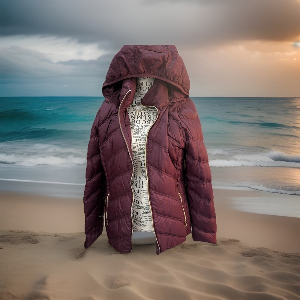 Michael Kors Down Packable Puffer Jacket Women's L Maroon Coat Zip Hooded Hood